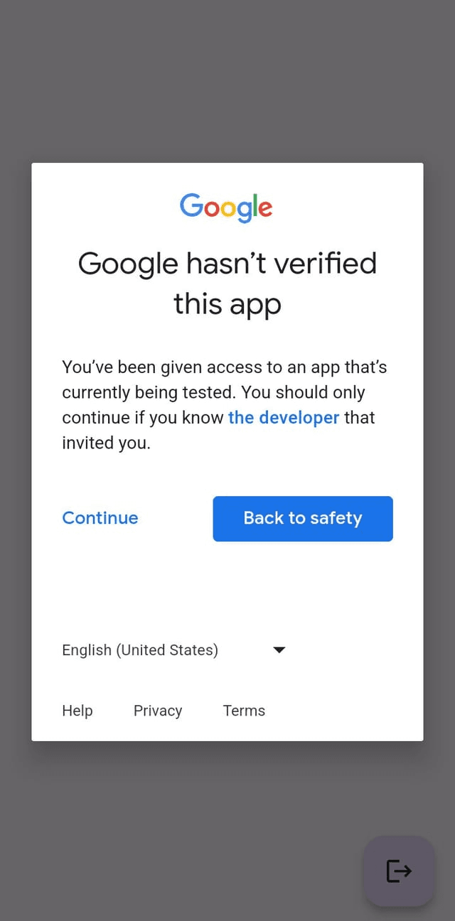 Example of Google sign-in warning screen — click Continue to proceed